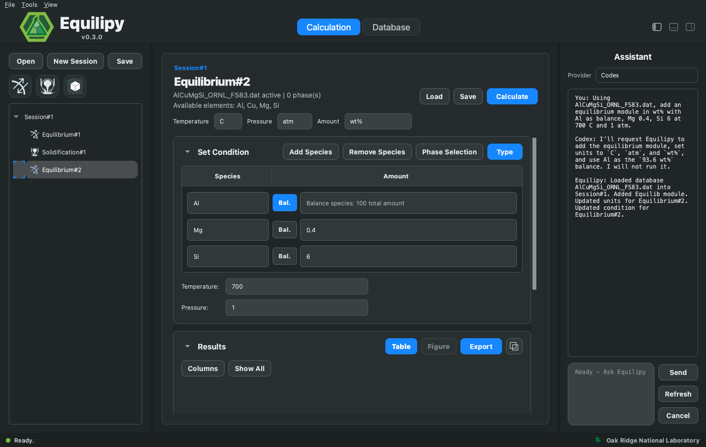 Assistant panel on the right after the equilibrium request: Equilipy reports the executed setup actions and prepares the module for review before running