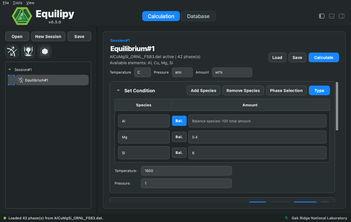 Equilibrium module with a single condition: Al balance, Mg 0.4, Si 6 in wt%