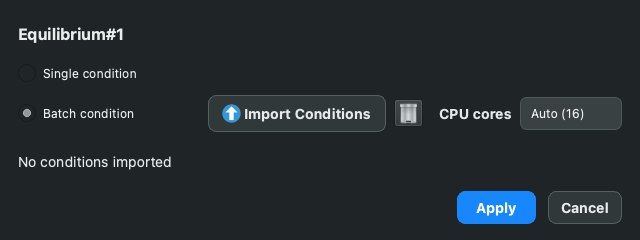 Calculation type dialog opened by the Type button, with Batch condition selected