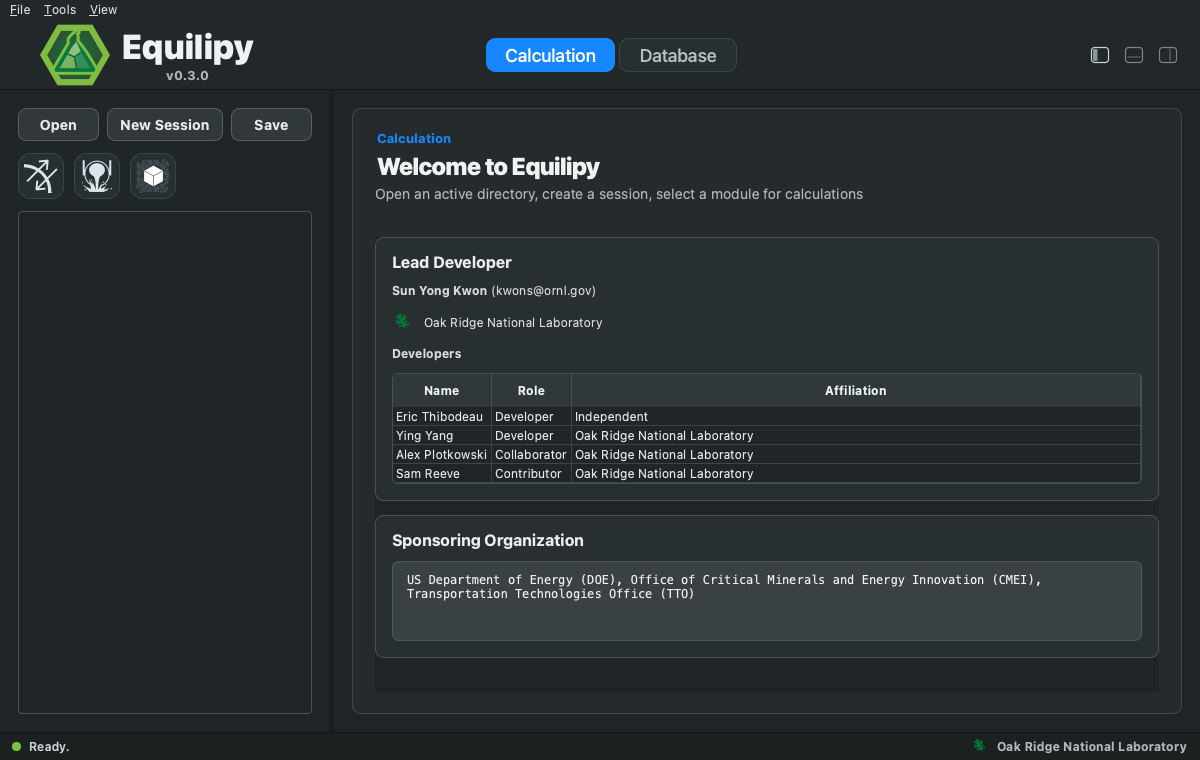 Equilipy main window with the Calculation/Database workspace switch in the header