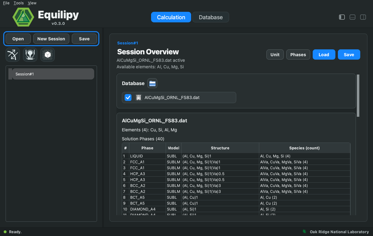 Session Overview with the Open, New Session, and Save buttons highlighted in the sidebar